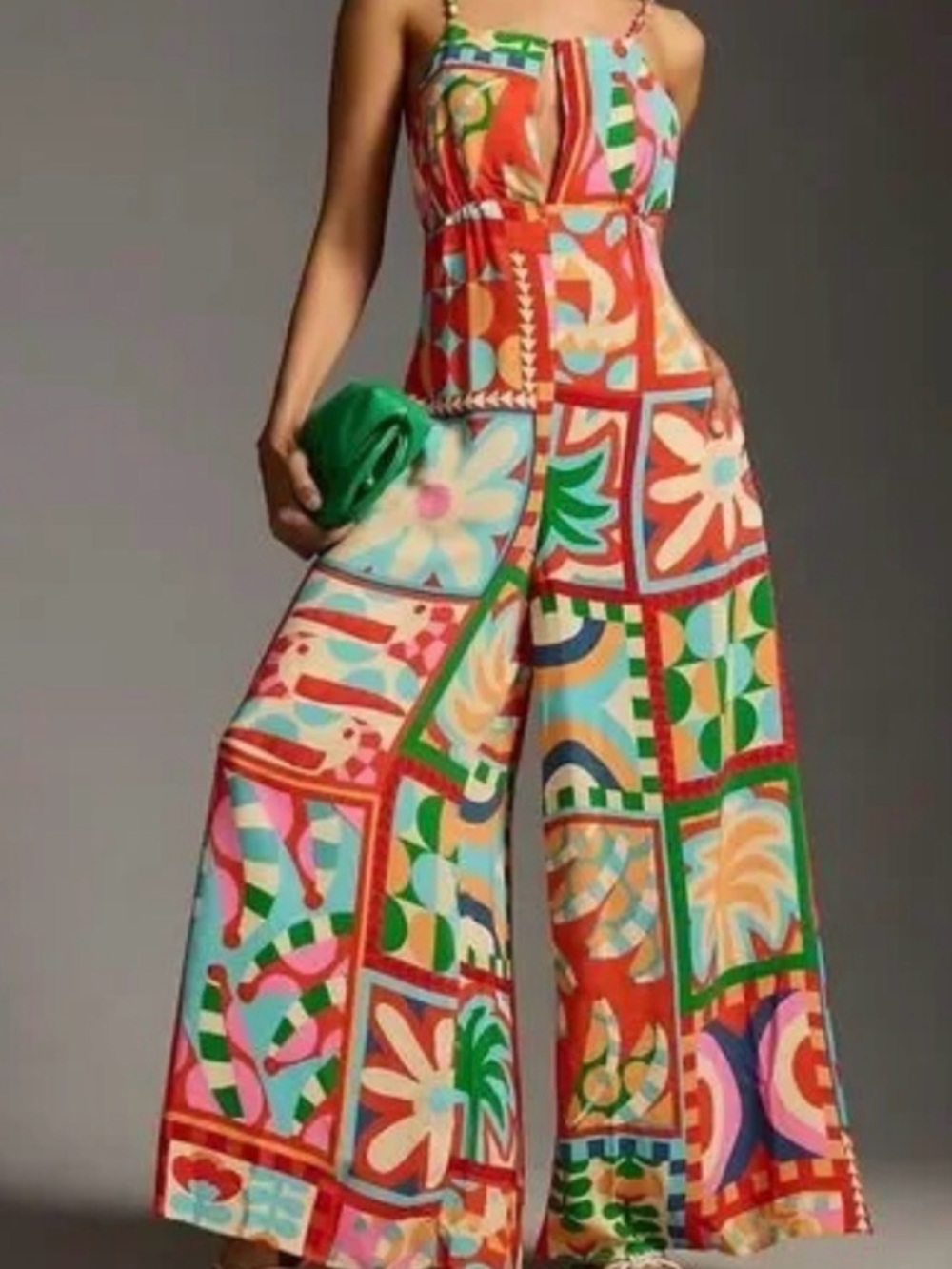 FARM Rio Anthropologie Beaded Strap Wide Leg Tropical Halter Jumpsuit Large